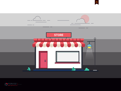 Flat City Store Design in Vector Illustration Night Mode