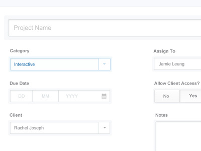 Project Creation Form buttons calendar drop down form tabs ui web app website website app