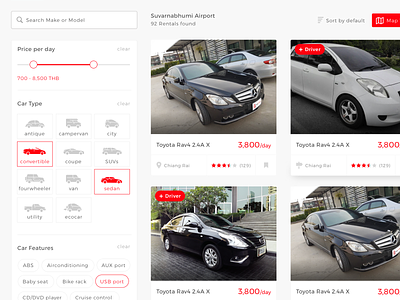 Peer to peer car rental - Search result automobile automotive car filter marketplace rental search search results web application webdesign