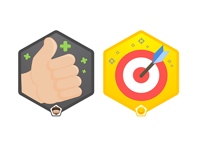 "Thumbs up" & "Bullseye" acorn badges bullseye coin gamification gold thumbs up