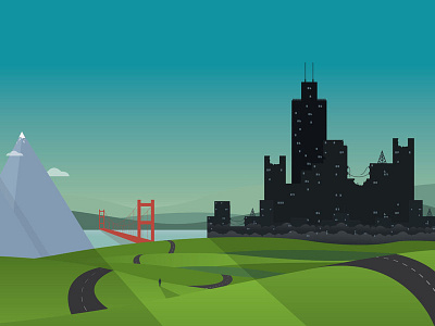 Layer1: Round 9 bridge city digital illustration landscape mountain scenery