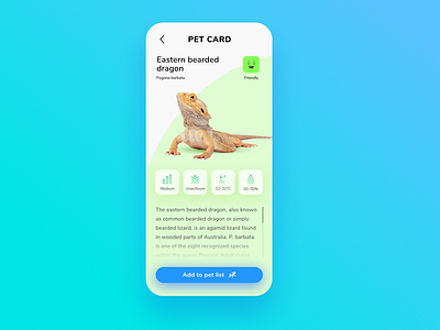 Reptile managment app concept/ pet info modal