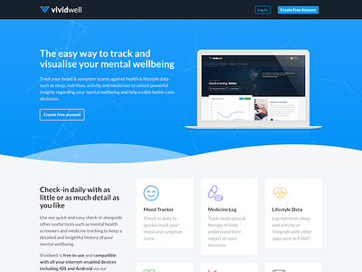 Vividwell Landing Page app blue features landing laptop mockup page saas
