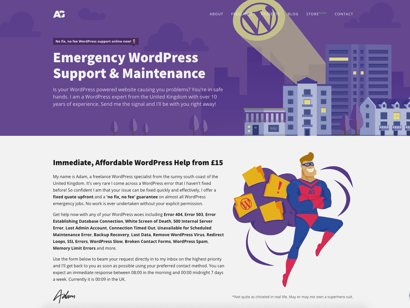 Emergency WordPress Support & Maintenance animated gif animation design flat hero illustration page superhero svg typography vector web website