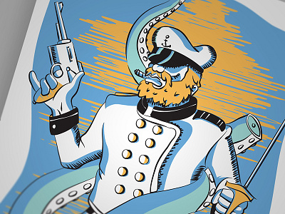The Captain blue design gun illustration manly nautical octopus orange sword
