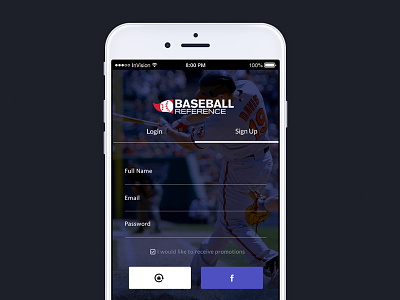 MLB Reference App Login Screen