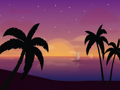 sunset beach boat illustration ocean palmtree palmtrees sea sun sunset