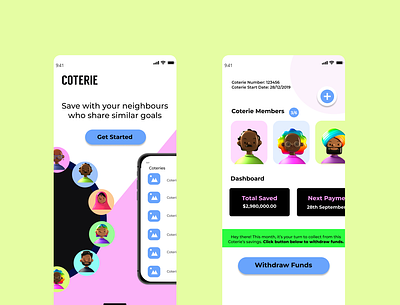 COTERIE SAVINGS 3D 3d bright colors challenge design figma mobile mobile app design mobile ui portfolio product product design savings savings app ui