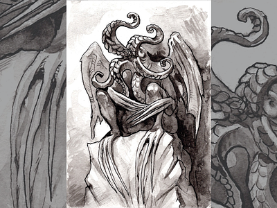 Cthulhu statuette black and white book illustration character cthulhu fanart fantasy illustration ink lovecraft monster salt textured traditional art