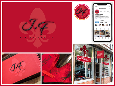 J.Fitzpatrick Footwear Brand Refreshed 3 bags box branding design f favicon fleur de lis ig j logo red rudy signage store
