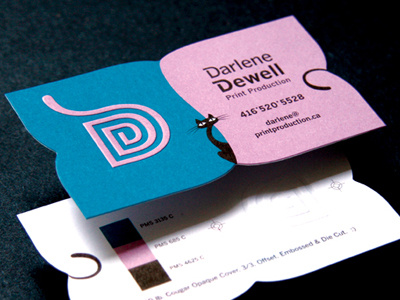 Darlene Dewell Card blue business card cat d die cut. logo pink
