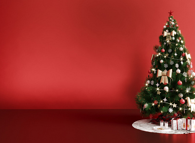 mockup poster christmas tree and decorations with red background green merry