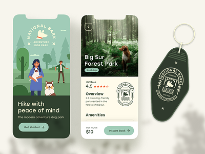National Bark App adventure app app design badge bigsur branding camping dog forest illustration logo mountain park retro ui ux