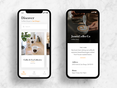 Coffee Shop Finder App iPhone X app cards clean coffee interaction iphone x minimal serif typography ui