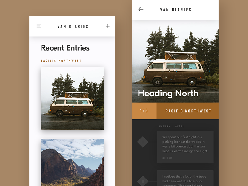 Van Diaries (InVision Studio Study) forest tan brown ux ui design app invision adventure travel van