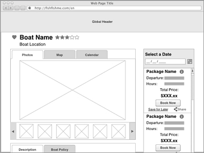 Boat description page wireframe for FishFishMe ux wireframe