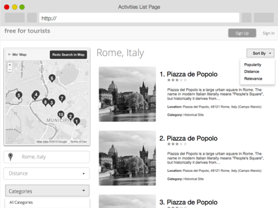 Free For Tourists Activities List Page fidelity high ui ux wireframe