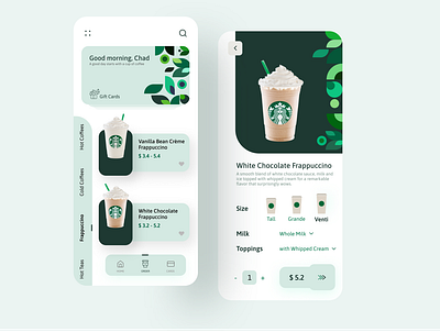 Starbucks App Redesign app app ui app ui ux appui coffee customize food frappuccino green mobile ui mobile uiux orders pattern starbucks tea ui uidesign uiux ux uxui