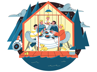 Family dinner cabin flat flatdesign illustration minimal people scandinavian web illustration