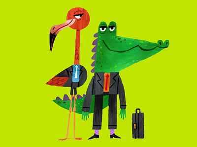 Business Associates alligator flamingo green illustration kidlit midcentury