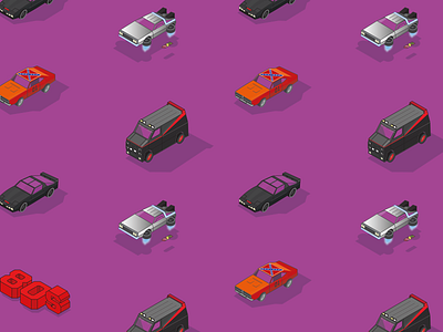 Voyage dans le temps 80s style cars composition illustration isometric movie summer