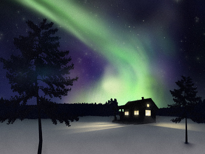 Snowy Aurora Cottage aurora benda christmas cottage cute dribbble illustration invite ios sky space ux