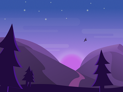 Sunset Landscape bird blue dusk graphic design illustration landscape night purple stars sunset trees