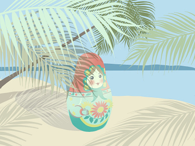 Matryoshka on the beach beach design drawing gif illustration matryoshka palms summer waving