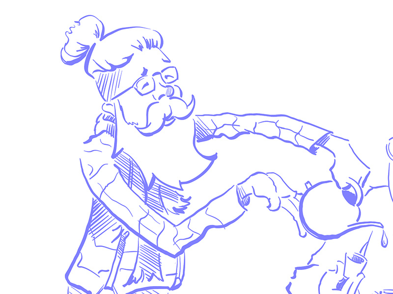 Hipster Tea man-bun beard tea sketch portrait character vector drawing