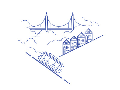 San Francisco bridge clouds houses illustration line art trolley vector