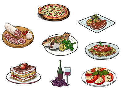 Food Illustration for an Italian restaurant food illustration italian meals pizza spaghetti steak tiramisu