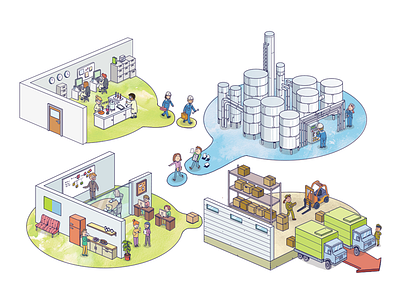 Pharmacy Industry colorful factory illustration industry lab logistics marketing office pharmacy wimmelbild
