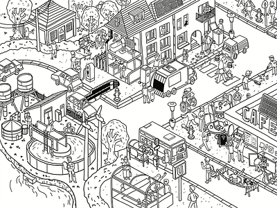 How does a city work? city illustration line art town wimmelbild