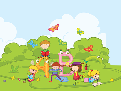 Kids reading in Garden Illustration Design outdoors