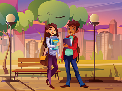 Boy and Girl in City Illustration Design park