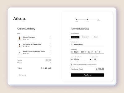 Concept Checkout Page for Aēsop aesop aesthetics beauty checkout credit card checkout daily challange daily ui daily ui 002 figma minimal payment progress bar web design