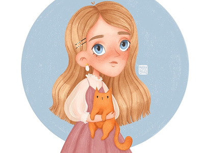 Portrait illustration of a girl with a orange cat art character design childrens book childrens illustration illustration portrait