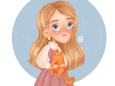 Portrait illustration of a girl with a orange cat by Masha BGD