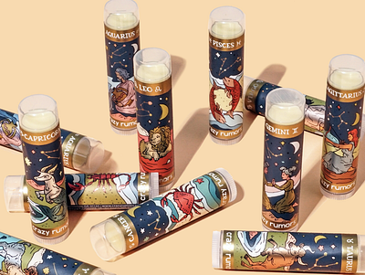 Crazy Rumors Lip Balm Packaging astrology celestial illustration label design packaging design zodiac illustrations