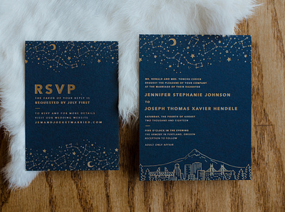 Portland Starry Night Letterpress Invite astronomy constellations gold letterpress illustrated stationery letterpress mt hood portland illustrator portland skyline stationery