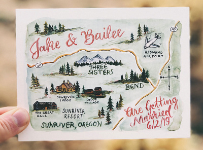 Oregon Watercolor Map Save the Date bend oregon custom illustration educational educational illustration gouache illustrator ink instructional design map oregon pacific northwest portland artist roadmap savethedate watercolor