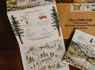 Colorado Wedding Stationery colorado illustration custom art educational illustration evergreens gouache illustrated map ink jeep mountains painting of vail portland illustrator spot illustrations stationery surface design timeline topography trees vail map watercolor woodlands