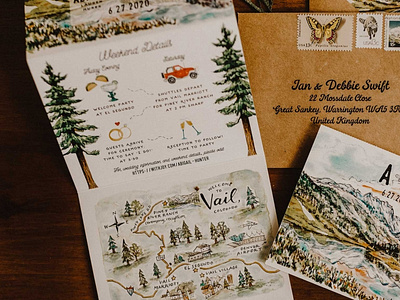 Colorado Wedding Stationery colorado illustration custom art educational illustration evergreens gouache illustrated map ink jeep mountains painting of vail portland illustrator spot illustrations stationery surface design timeline topography trees vail map watercolor woodlands