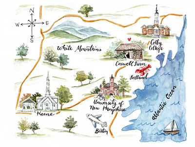 New Hampshire & Maine Watercolor Map boston caswell farm colby college custom stationery gouache handdrawn ink keene keene state college new hampshire portland maine topography university of new hampshire watercolor map white mountains