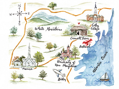 New Hampshire & Maine Watercolor Map