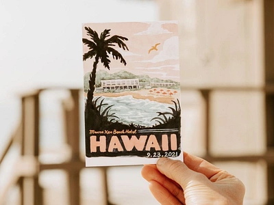 Hawaii Vintage Style Illustrated Postcard adventure illustration beach calligraphy custom lettering custom stationery gouache hand painted handlettering hawaii illustrated scenery mauna kea portland illustrator postcard illustration resort surface design vacation illustration vintage illustration vintage postcard watercolor