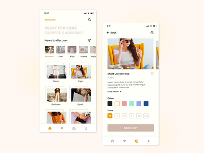 Woodys - E-commerce shop 012 app buy cart clothes dailyui design dress e commerce men mobile mobiledesign shop shopping top ui uidesign ux uxdesign women