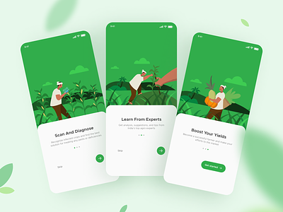 Onboarding Screens | Crop Care Agro App app appdesign care crop dailyui design get started gfxmob green minimal mobile onboarding plant scan screens trending ui ux uidesign userexperience userinterface