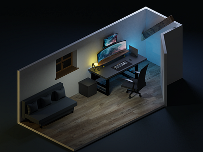 My Office 3d blue color home light low poly lowpoly monitor office room
