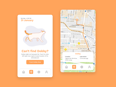 Daily UI #020 - Location Tracker app app design cat location tracker cat tracker app daily ui 020 dailyui dog location tracker dog tracker app location tracking app orange colour palette orange palette pet location tracker pet tracker app tracking app ui ui design